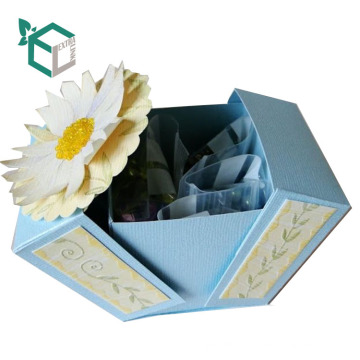 Creative double open blue fancy paper cardboard flower decorative gift box